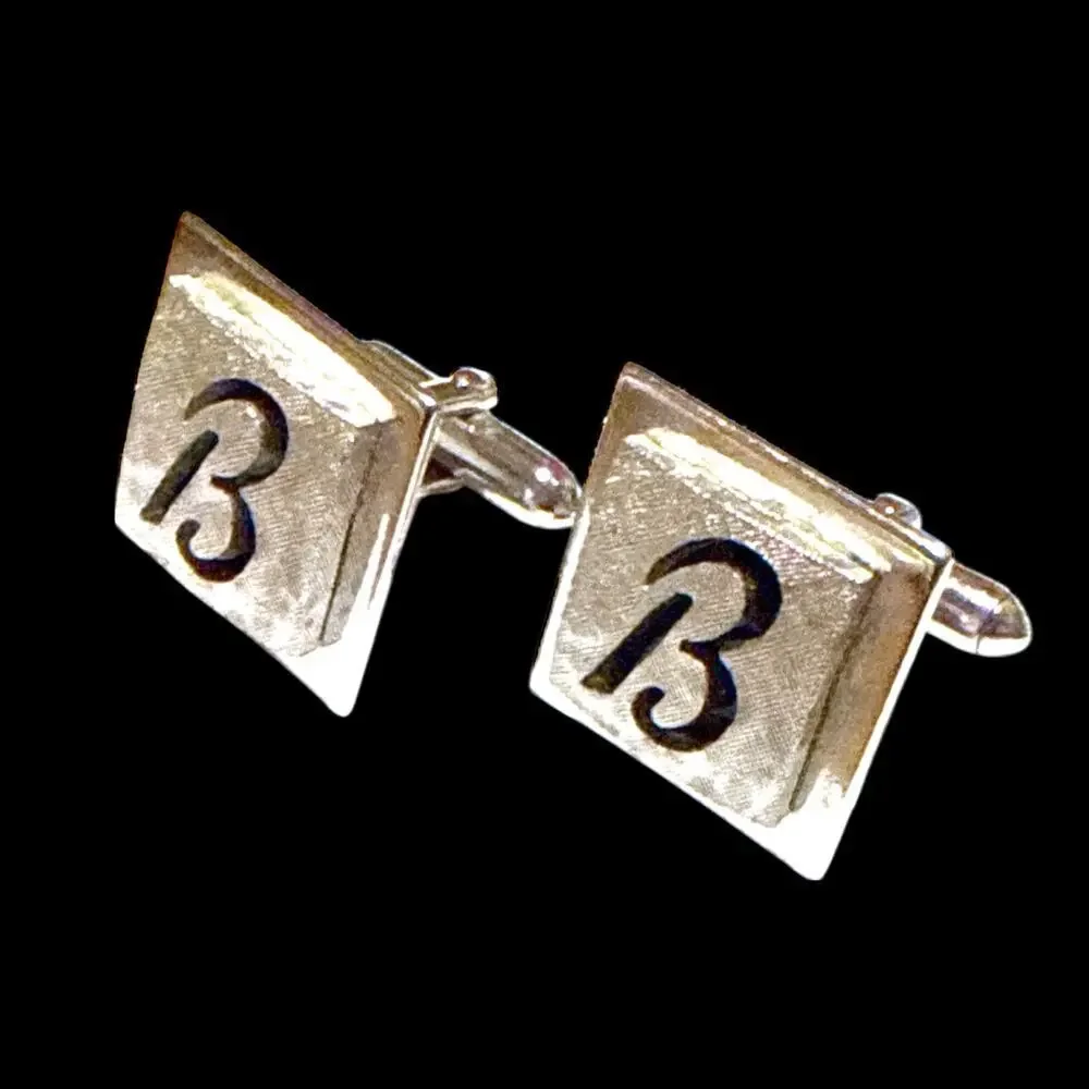 Vintage Swank Cufflinks Mens Silver Tone Monogrammed B Polished and Crosshatched